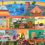 A photograph of a bright and colorful mural with saturated colors and vibrant imagery. The mural depicts a gray water fed garden and a two story house with the facade removed allowing you, the viewer, into most of the intimate interior spaces. Some elements of accessible design are a large yellow and red ramp reminiscent of the helix ramp at ERC and low counters, a splash-friendly bathroom, dimmable lights, swivel spoons, and more.